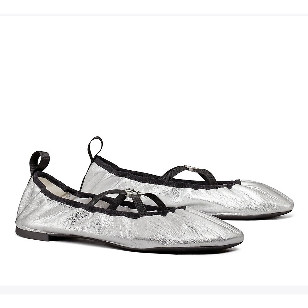 Tory Burch Metallic Soft Scrunch Leather Ballet Flat In Silver Size 6